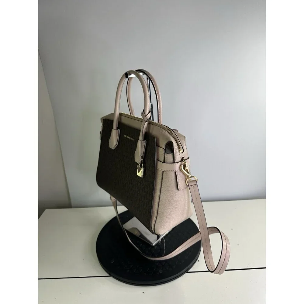 Michael Kors Mercer Medium Duffel Satchel Light Pink Stripe Leather Bag